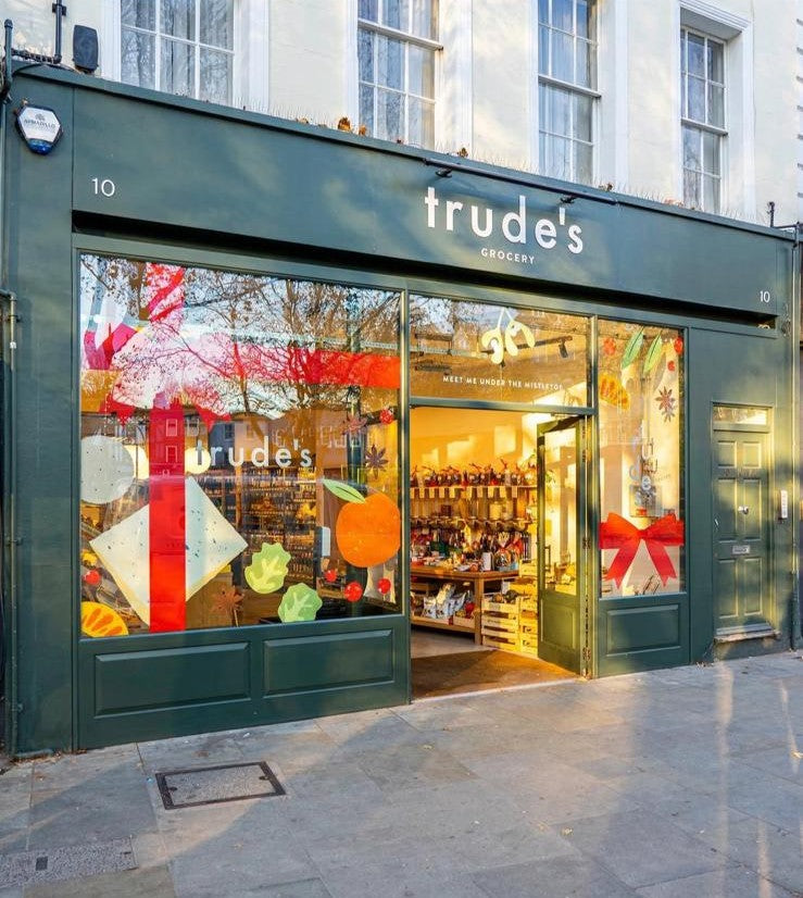 Trude's Grocery store front with festive decorations