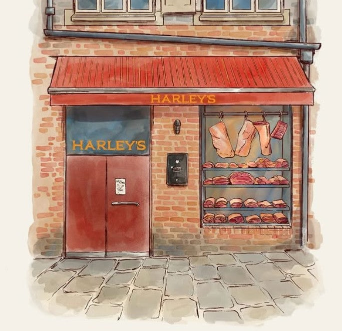 Illustration of a butcher shop named 'Harley's' with a red awning and display window.